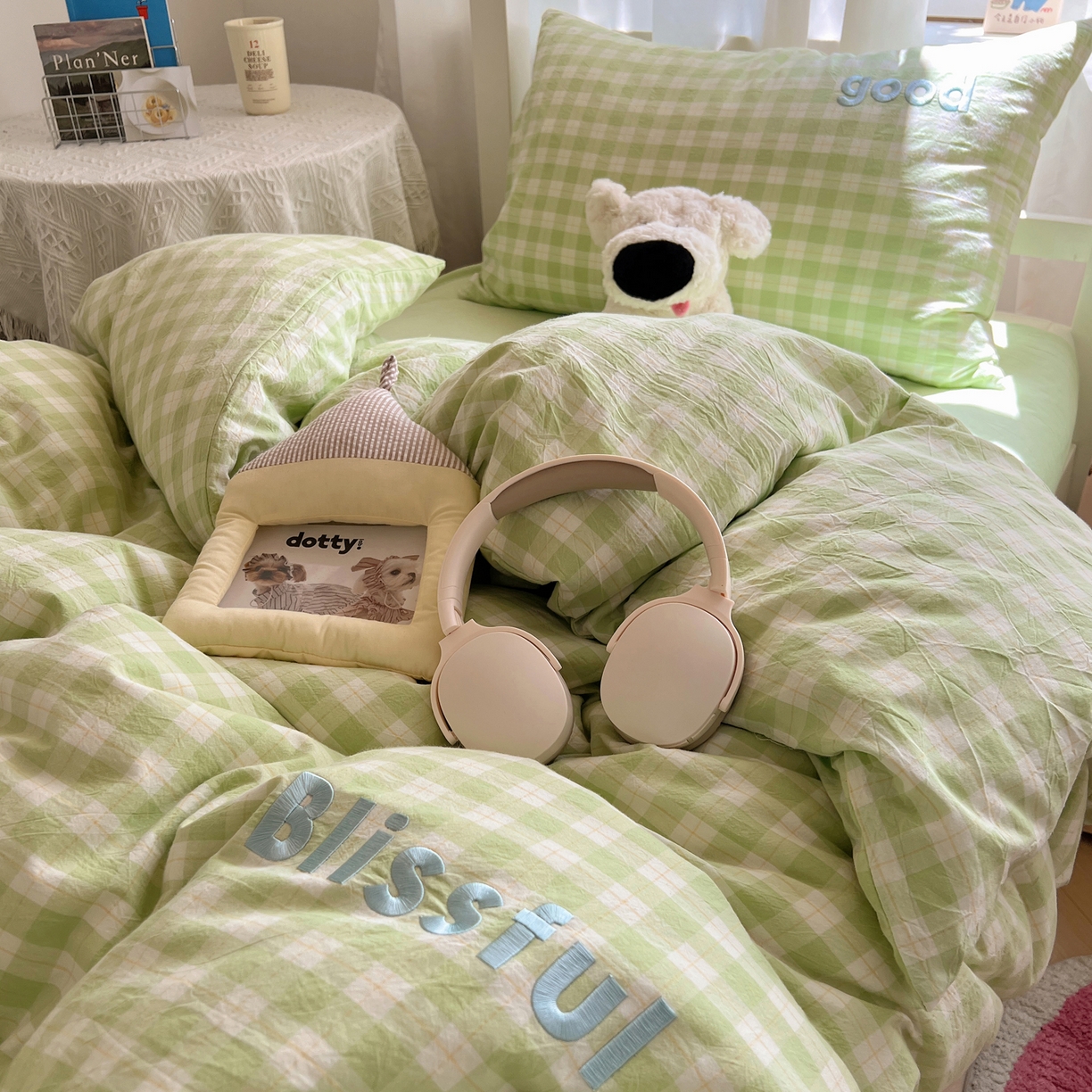 91家纺网 家纺一手货源 找家纺 丽涵家纺 2025新款全棉纯棉色织水洗棉刺绣三件套四件套 尚格-绿