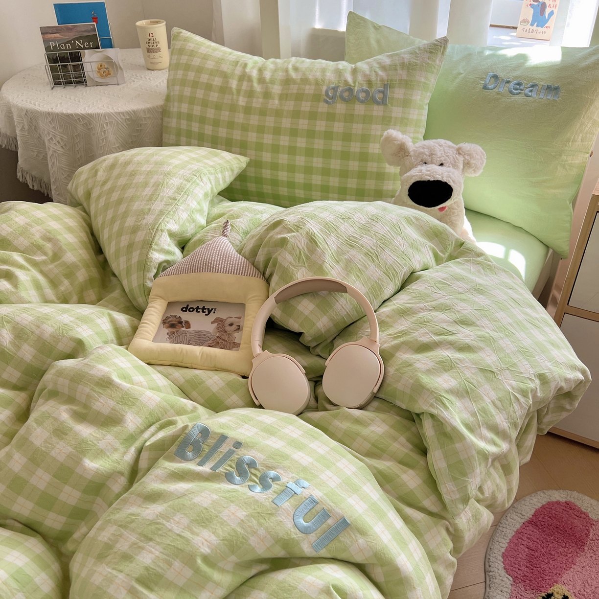 91家纺网 家纺一手货源 找家纺 丽涵家纺 2025新款全棉纯棉色织水洗棉刺绣三件套四件套 尚格-绿