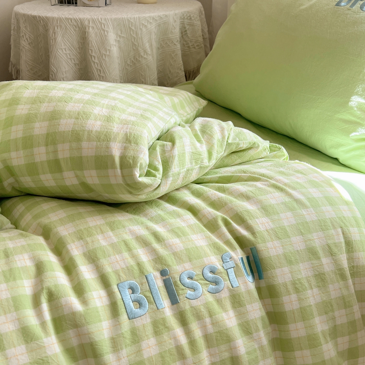 91家纺网 家纺一手货源 找家纺 丽涵家纺 2025新款全棉纯棉色织水洗棉刺绣三件套四件套 尚格-绿