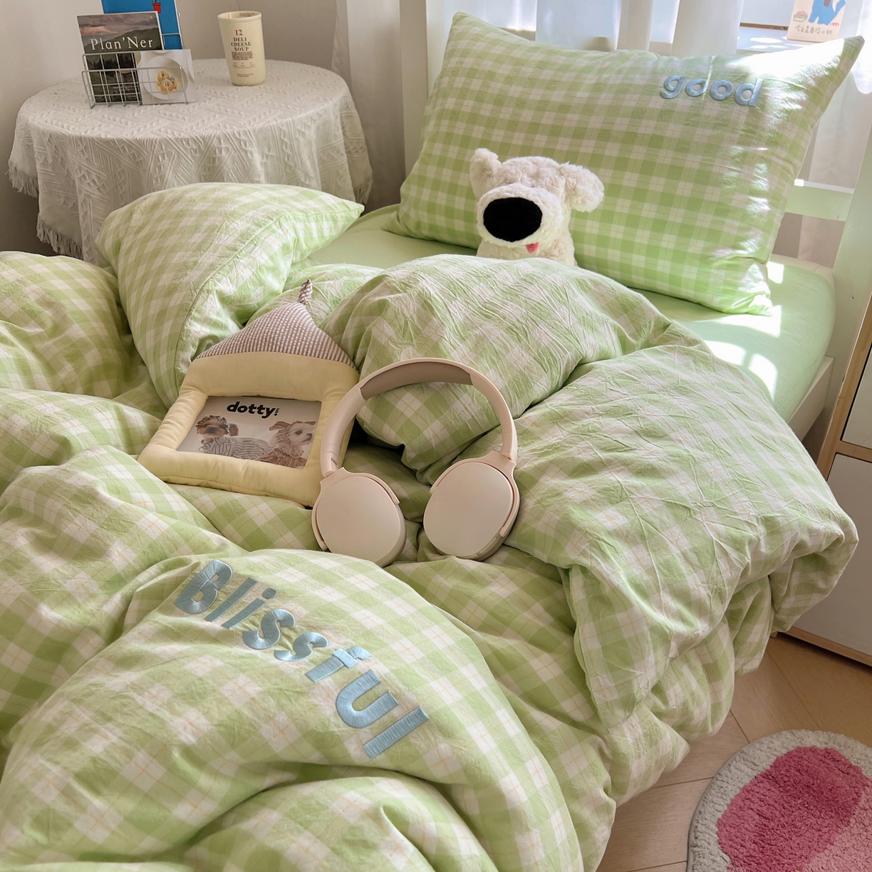 91家纺网 家纺一手货源 找家纺 丽涵家纺 2025新款全棉纯棉色织水洗棉刺绣三件套四件套 尚格-绿