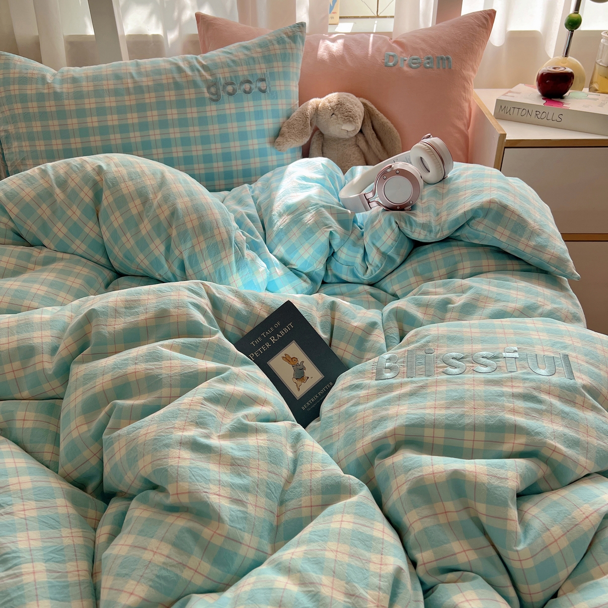 91家纺网 家纺一手货源 找家纺 丽涵家纺 2025新款全棉纯棉色织水洗棉刺绣三件套四件套 尚格-蓝