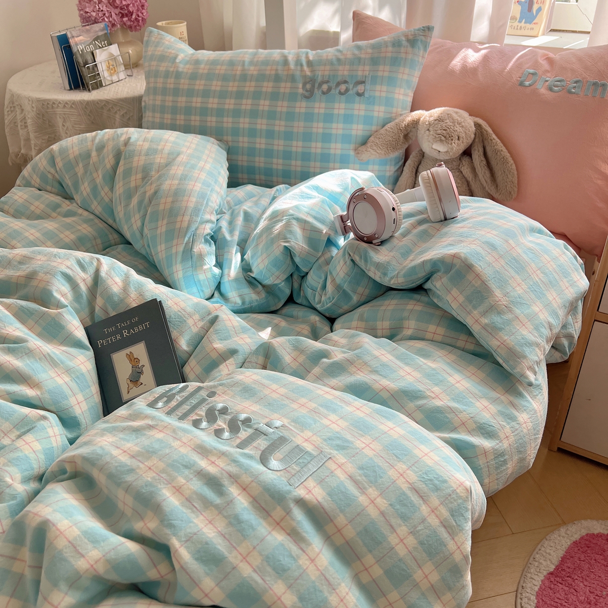 91家纺网 家纺一手货源 找家纺 丽涵家纺 2025新款全棉纯棉色织水洗棉刺绣三件套四件套 尚格-蓝