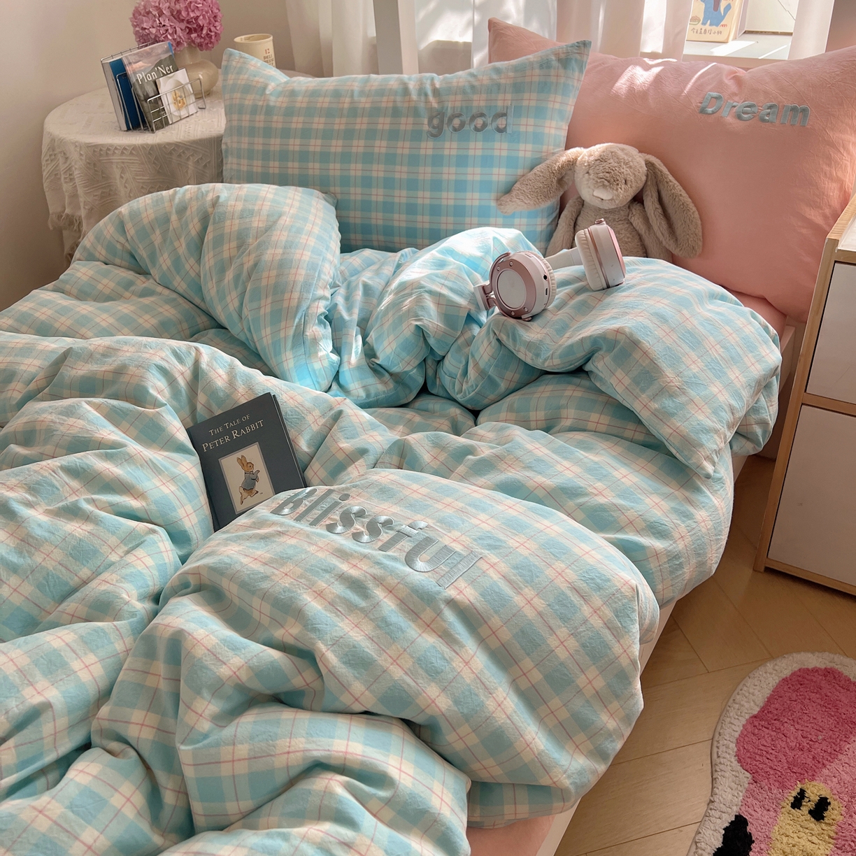 91家纺网 家纺一手货源 找家纺 丽涵家纺 2025新款全棉纯棉色织水洗棉刺绣三件套四件套 尚格-蓝