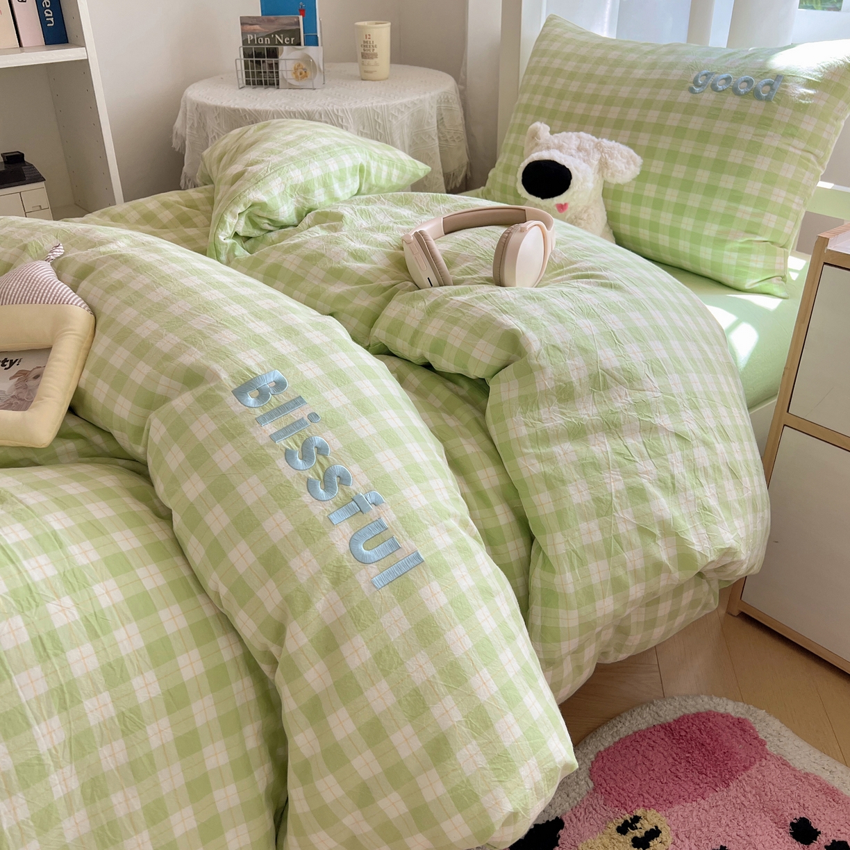 91家纺网 家纺一手货源 找家纺 丽涵家纺 2025新款全棉纯棉色织水洗棉刺绣三件套四件套 尚格-绿