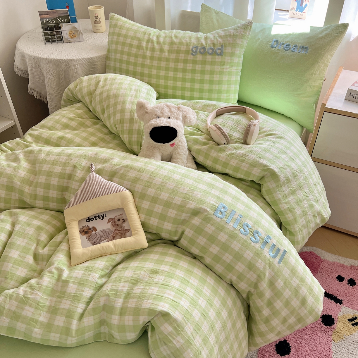 91家纺网 家纺一手货源 找家纺 丽涵家纺 2025新款全棉纯棉色织水洗棉刺绣三件套四件套 尚格-绿