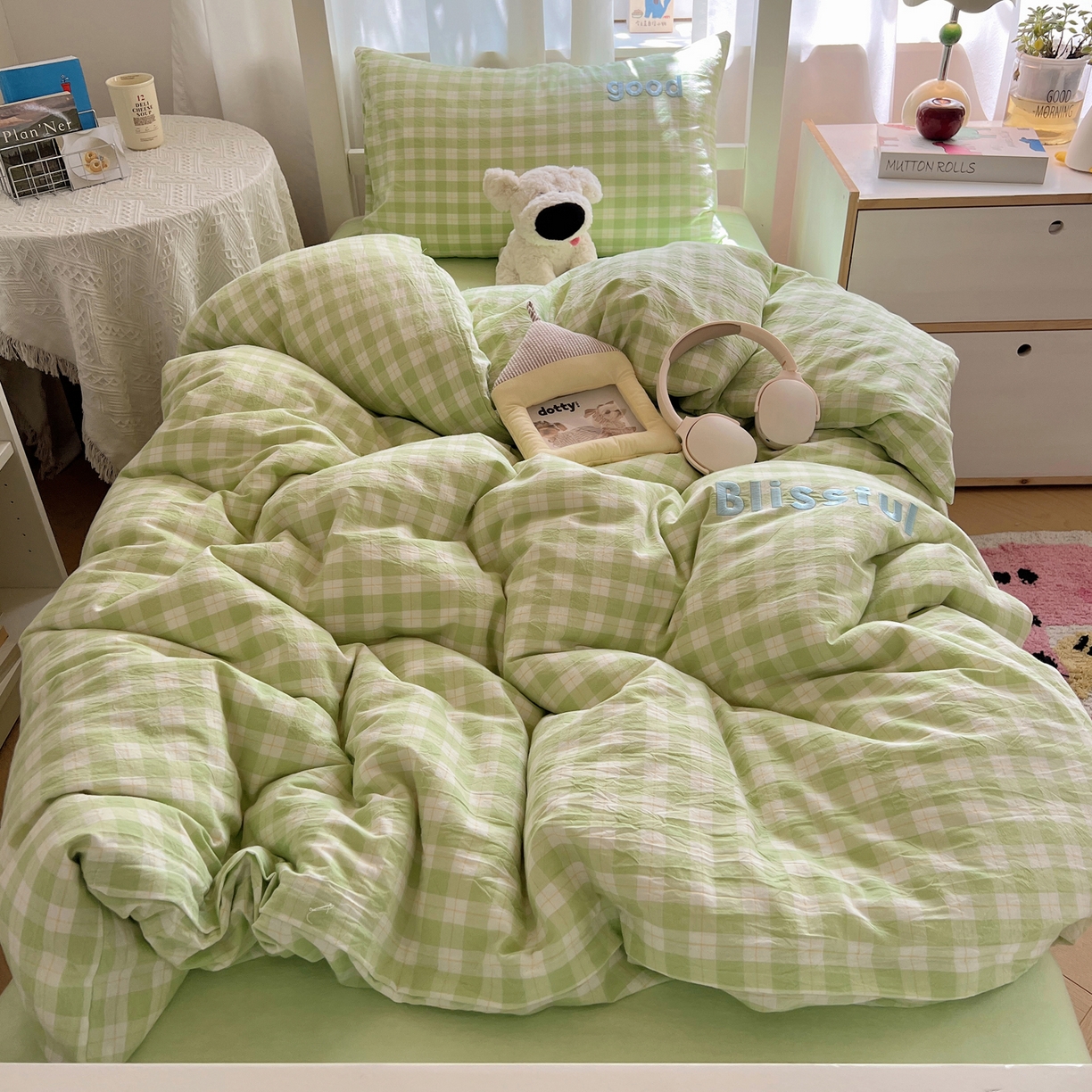 91家纺网 家纺一手货源 找家纺 丽涵家纺 2025新款全棉纯棉色织水洗棉刺绣三件套四件套 尚格-绿