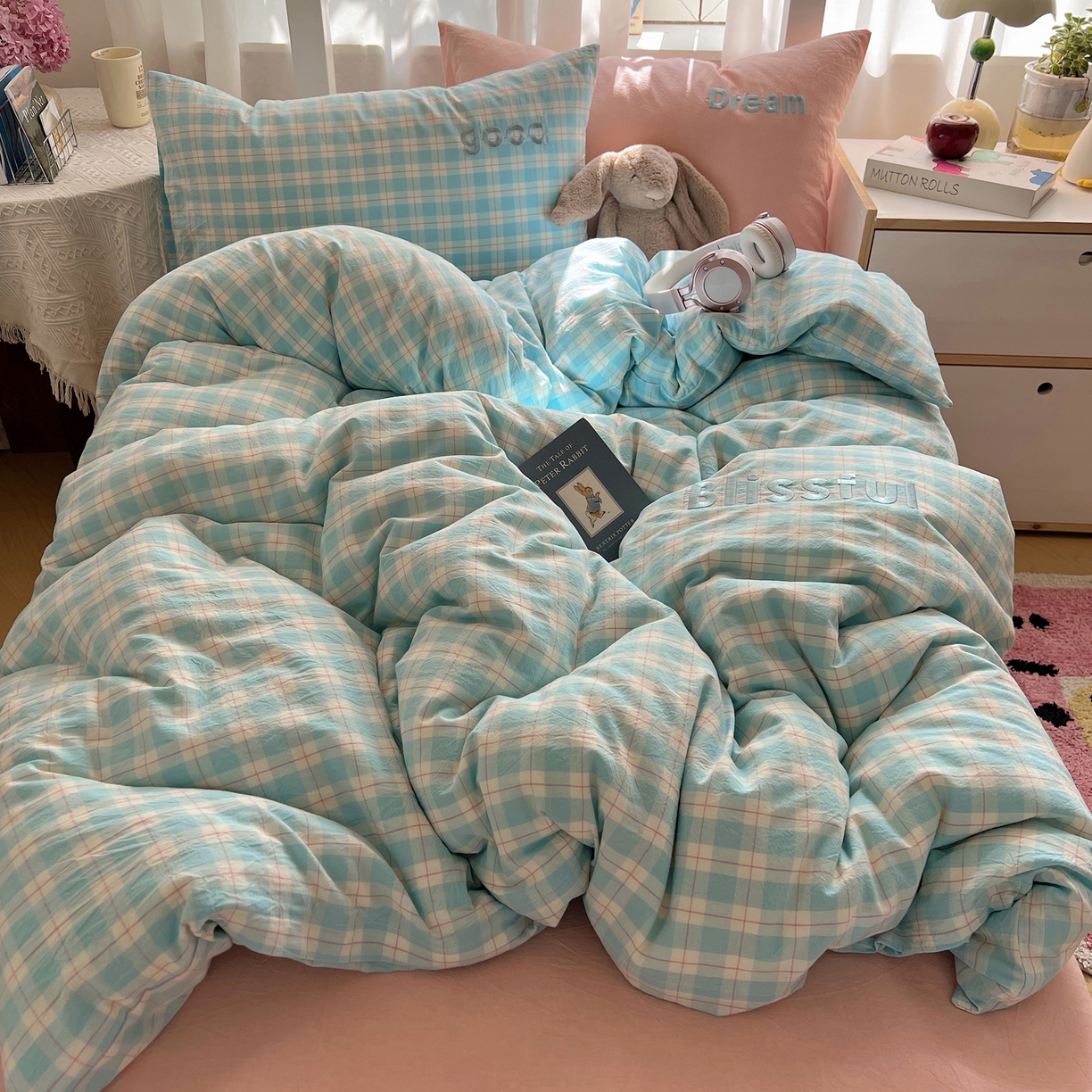 91家纺网 家纺一手货源 找家纺 丽涵家纺 2025新款全棉纯棉色织水洗棉刺绣三件套四件套 尚格-蓝