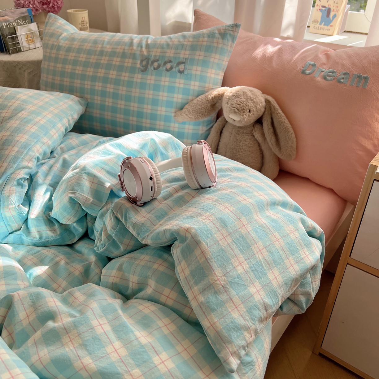 91家纺网 家纺一手货源 找家纺 丽涵家纺 2025新款全棉纯棉色织水洗棉刺绣三件套四件套 尚格-蓝