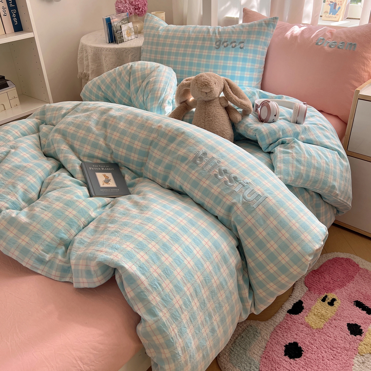 91家纺网 家纺一手货源 找家纺 丽涵家纺 2025新款全棉纯棉色织水洗棉刺绣三件套四件套 尚格-蓝