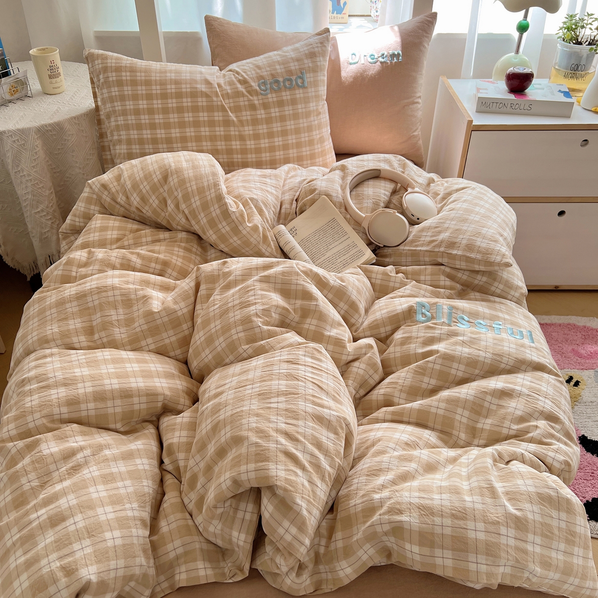 91家纺网 家纺一手货源 找家纺 丽涵家纺 2025新款全棉纯棉色织水洗棉刺绣三件套四件套 尚格-咖