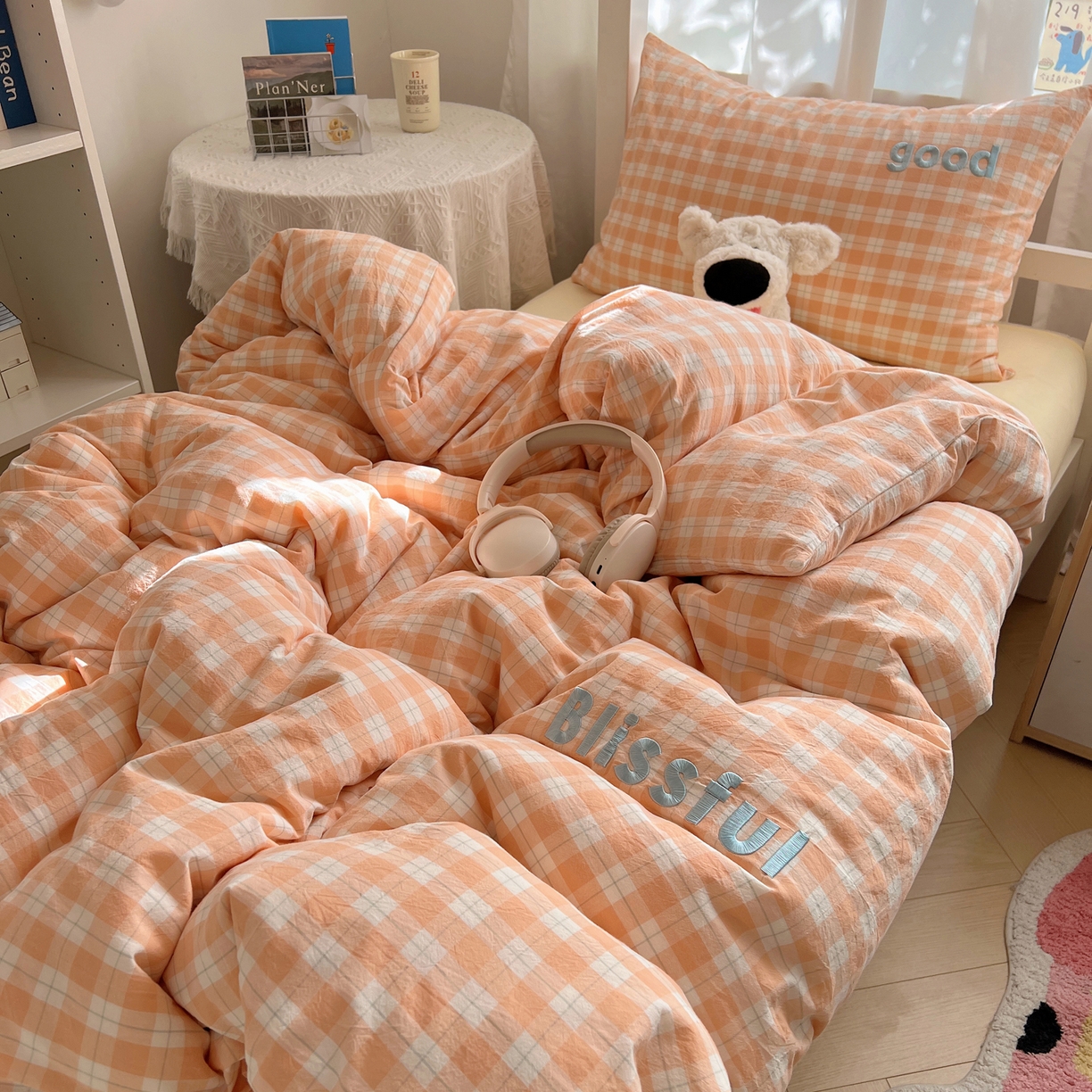 91家纺网 家纺一手货源 找家纺 丽涵家纺 2025新款全棉纯棉色织水洗棉刺绣三件套四件套 尚格-橘