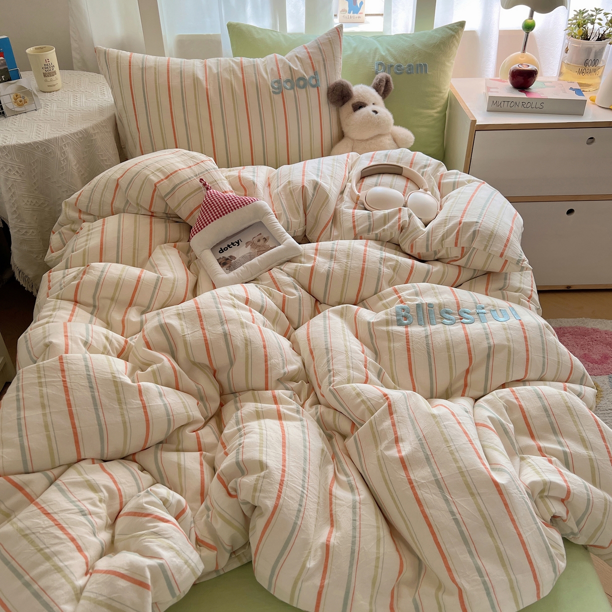 91家纺网 家纺一手货源 找家纺 丽涵家纺 2025新款全棉纯棉色织水洗棉刺绣三件套四件套 韵律-绿