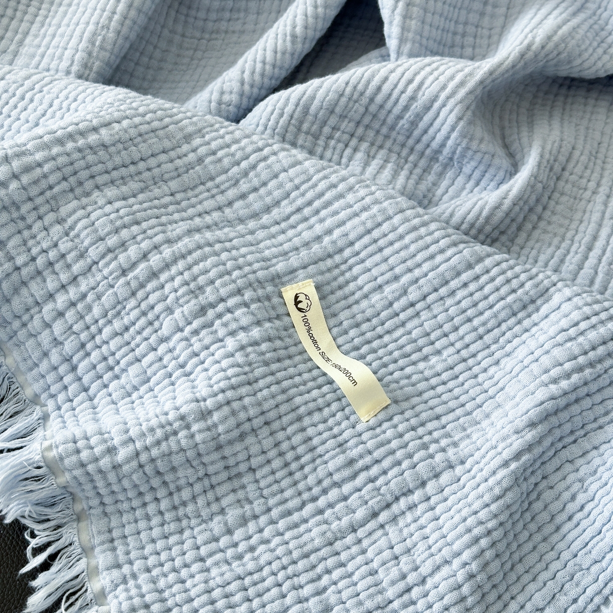 91家纺网 家纺一手货源 找家纺 淑女公社 2025四季新款四层纱皱皱流苏毯 蒂芙尼蓝