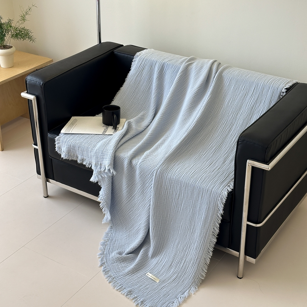 淑女公社 2025四季新款四层纱皱皱流苏毯 蒂芙尼蓝