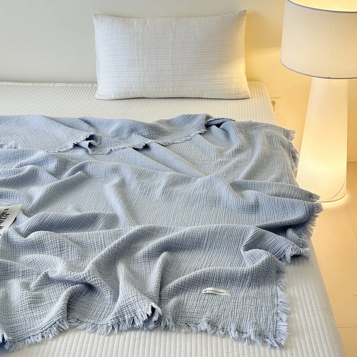 91家纺网 家纺一手货源 找家纺 淑女公社 2025四季新款四层纱皱皱流苏毯 蒂芙尼蓝