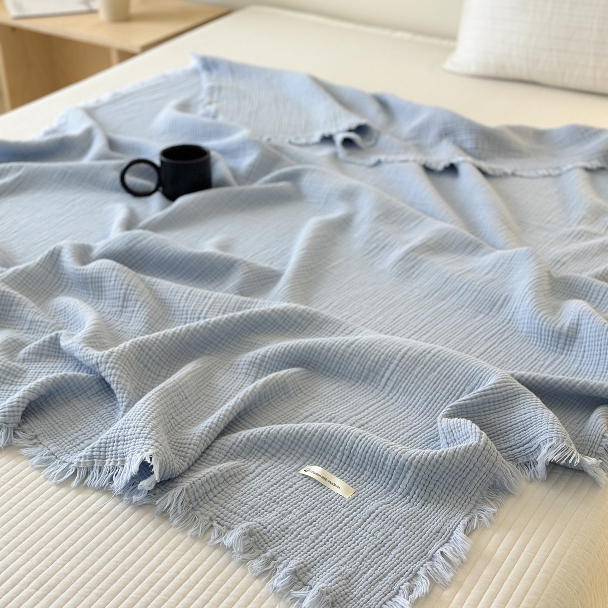 91家纺网 家纺一手货源 找家纺 淑女公社 2025四季新款四层纱皱皱流苏毯 蒂芙尼蓝