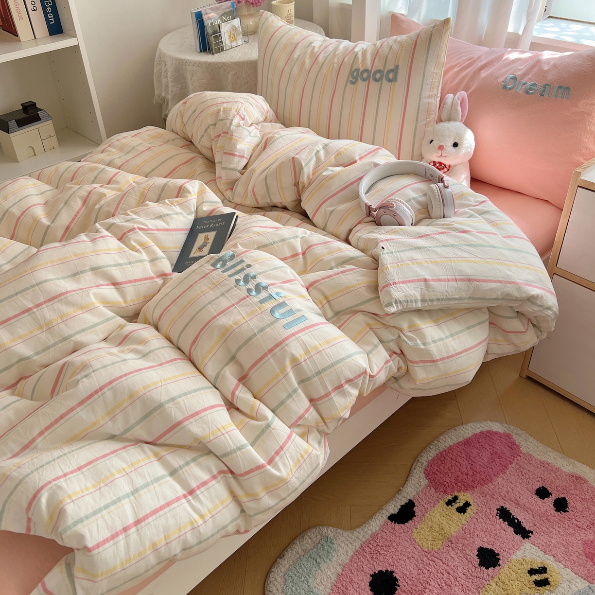 91家纺网 家纺一手货源 找家纺 丽涵家纺 2025新款全棉纯棉色织水洗棉刺绣三件套四件套 韵律-粉