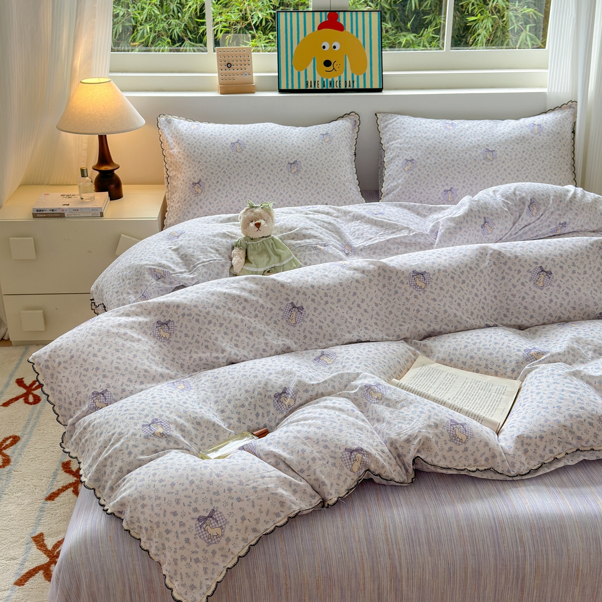 91家纺网 家纺一手货源 找家纺 淑女公社家纺 2025四季款全棉纯棉双层纱小香风四件套 乖乖兔 紫