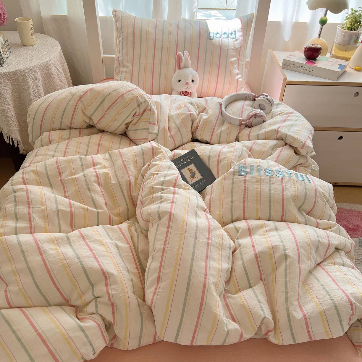 91家纺网 家纺一手货源 找家纺 丽涵家纺 2025新款全棉纯棉色织水洗棉刺绣三件套四件套 韵律-粉