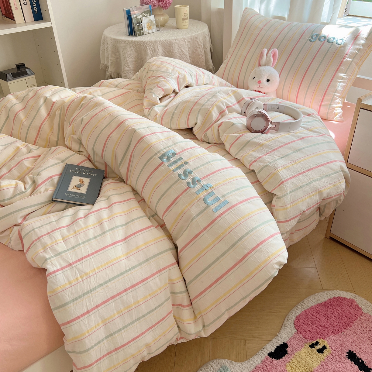 91家纺网 家纺一手货源 找家纺 丽涵家纺 2025新款全棉纯棉色织水洗棉刺绣三件套四件套 韵律-粉