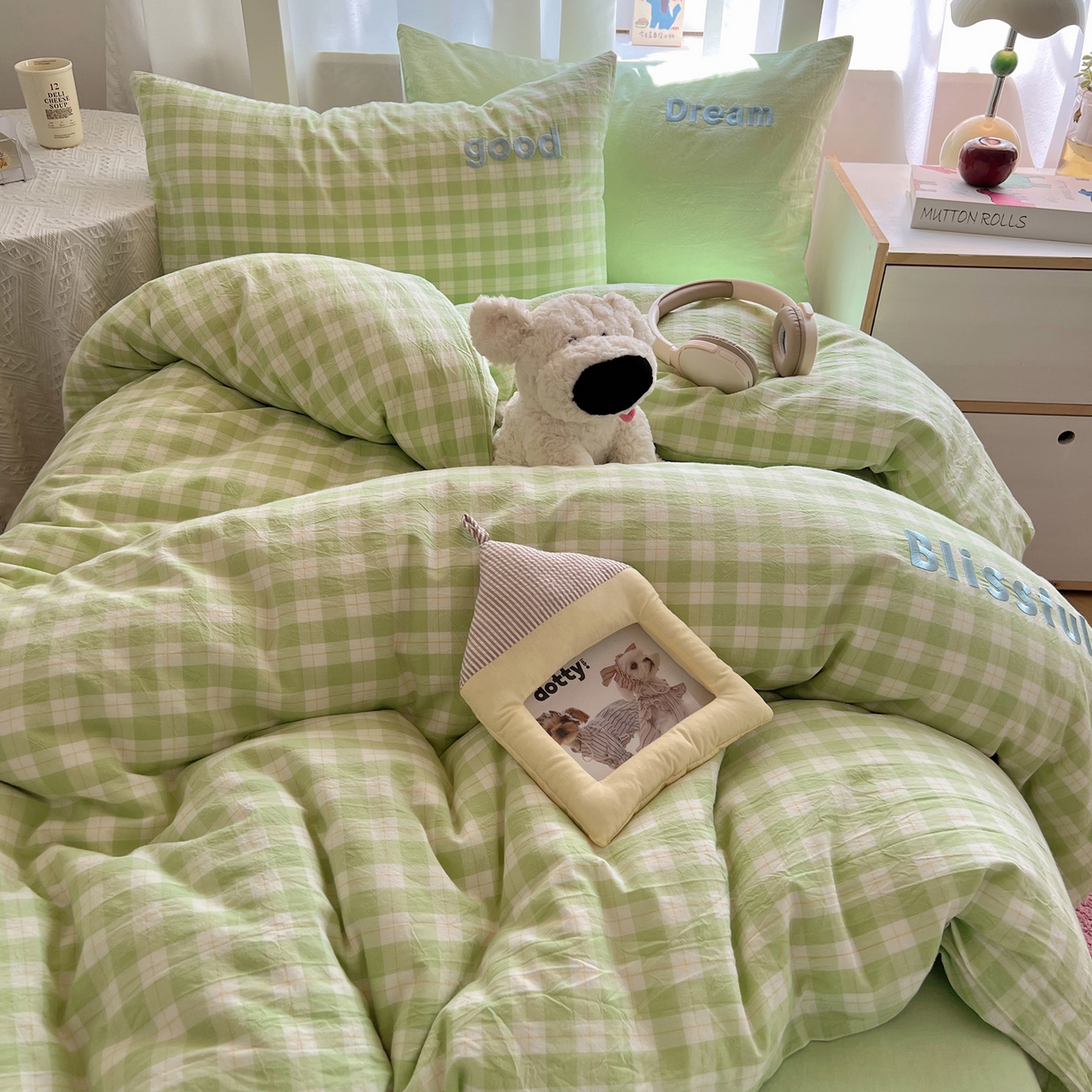 91家纺网 家纺一手货源 找家纺 丽涵家纺 2025新款全棉纯棉色织水洗棉刺绣三件套四件套 尚格-绿