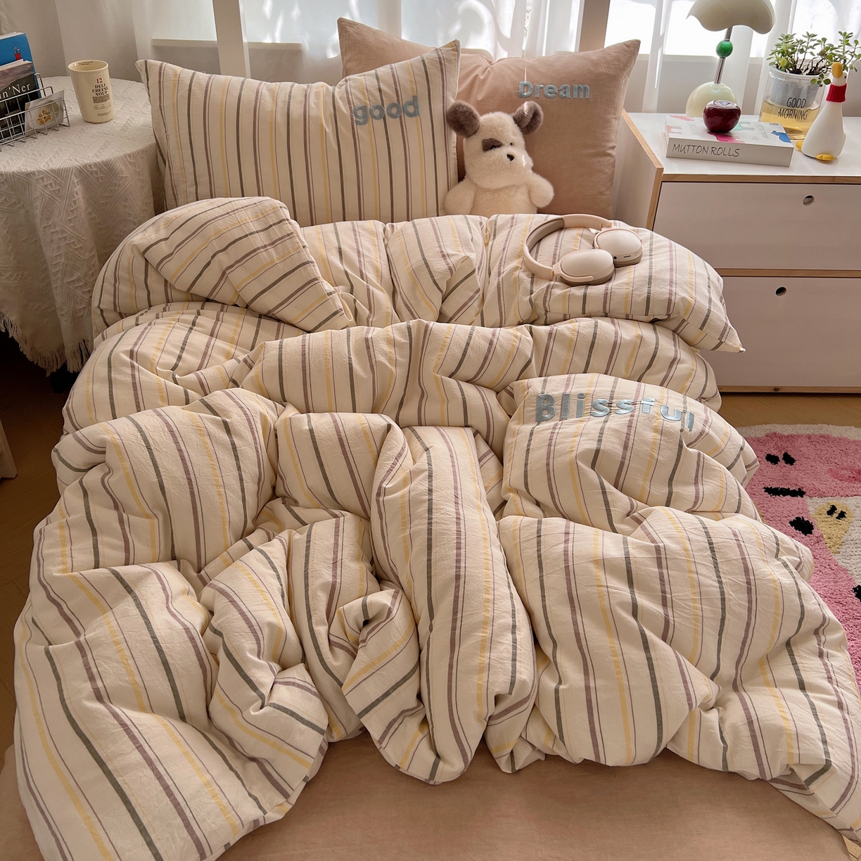 91家纺网 家纺一手货源 找家纺 丽涵家纺 2025新款全棉纯棉色织水洗棉刺绣三件套四件套 韵律-咖