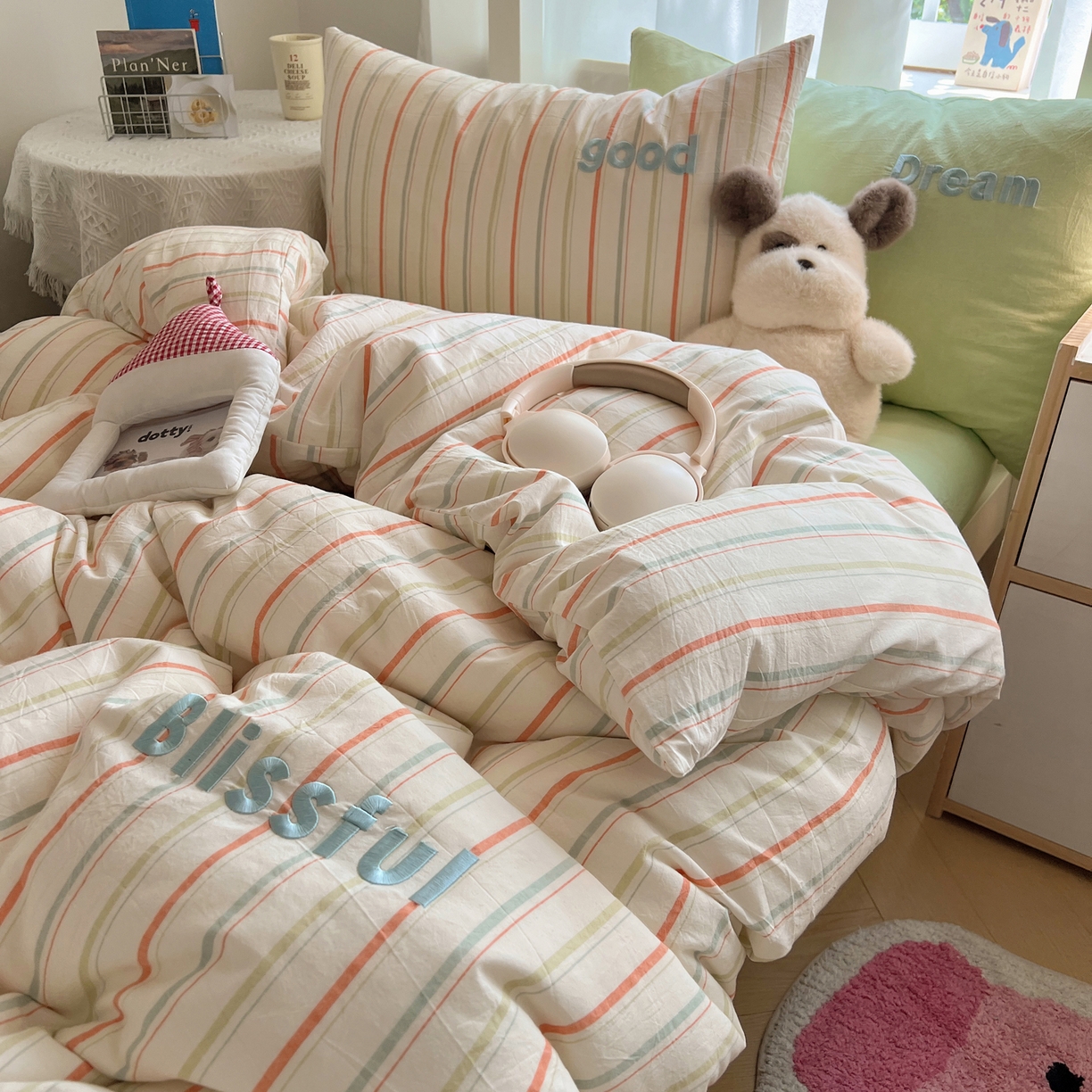 91家纺网 家纺一手货源 找家纺 丽涵家纺 2025新款全棉纯棉色织水洗棉刺绣三件套四件套 韵律-绿