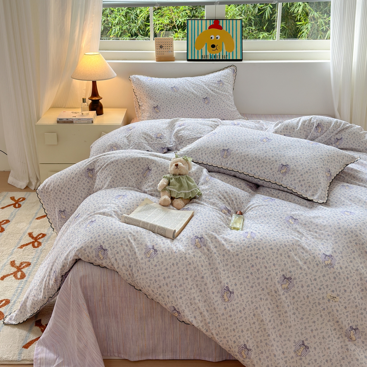 91家纺网 家纺一手货源 找家纺 淑女公社家纺 2025四季款全棉纯棉双层纱小香风四件套 乖乖兔 紫