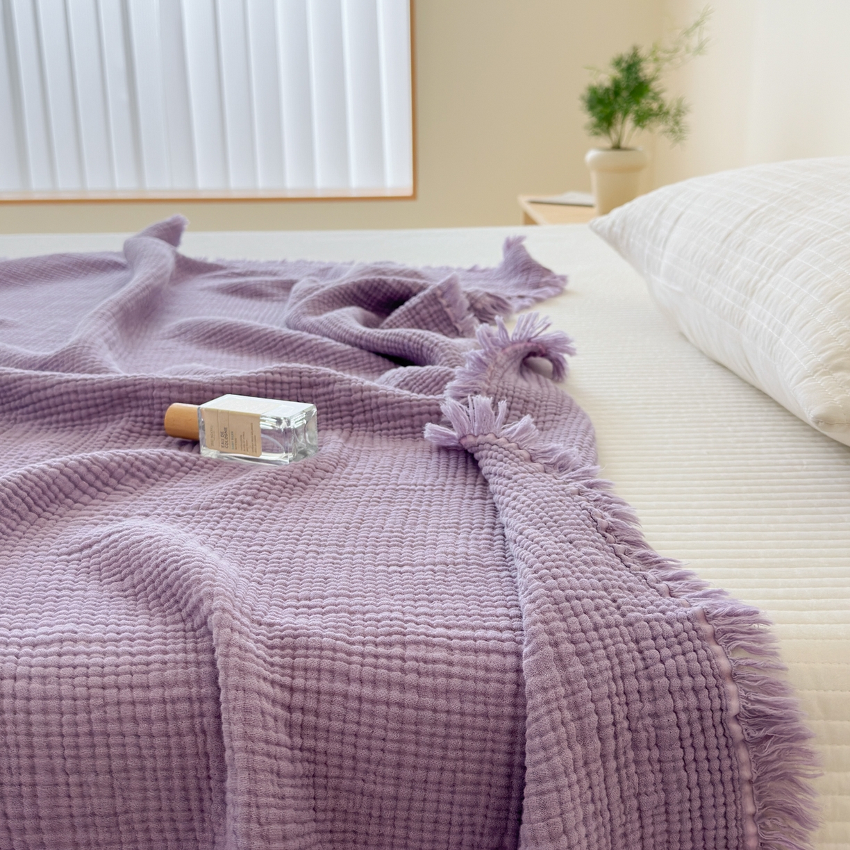 91家纺网 家纺一手货源 找家纺 淑女公社 2025四季新款四层纱皱皱流苏毯 莫兰迪-紫