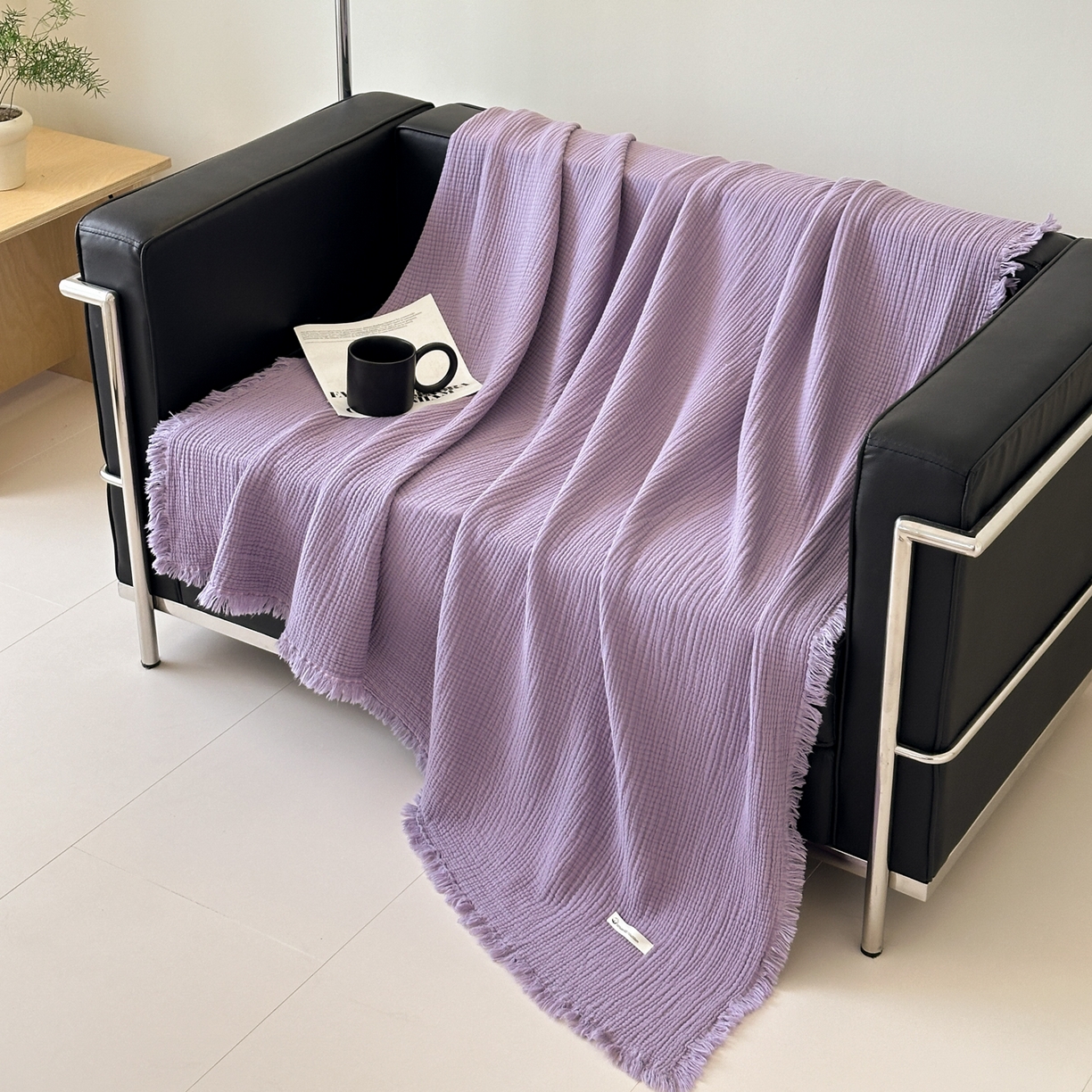 淑女公社 2025四季新款四层纱皱皱流苏毯 莫兰迪-紫