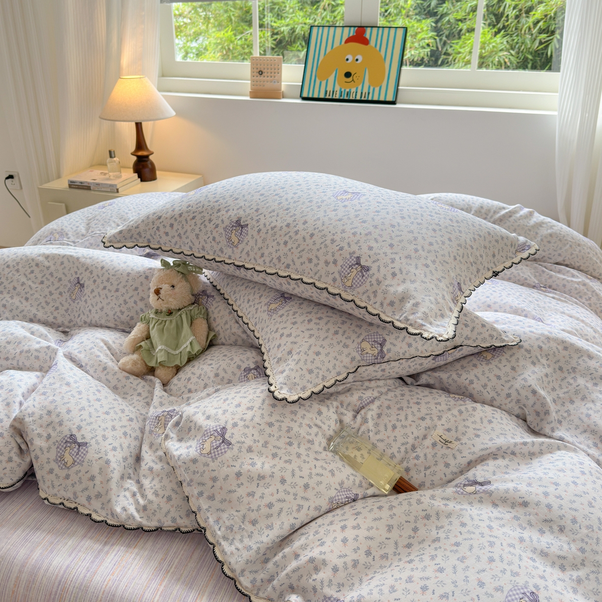 91家纺网 家纺一手货源 找家纺 淑女公社家纺 2025四季款全棉纯棉双层纱小香风四件套 乖乖兔 紫