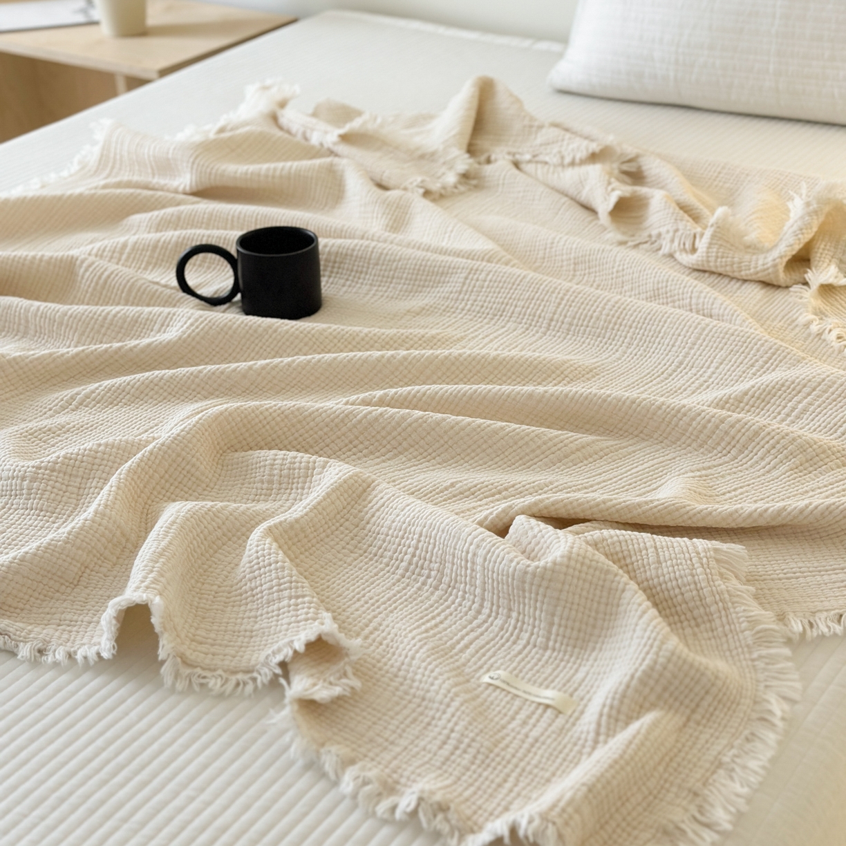 91家纺网 家纺一手货源 找家纺 淑女公社 2025四季新款四层纱皱皱流苏毯 温润奶白