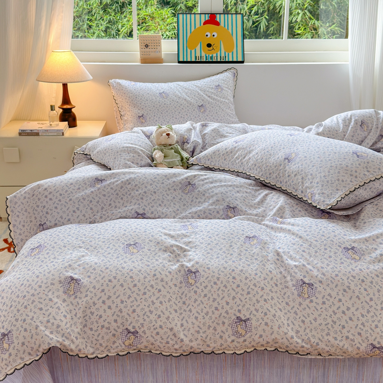 91家纺网 家纺一手货源 找家纺 淑女公社家纺 2025四季款全棉纯棉双层纱小香风四件套 乖乖兔 紫