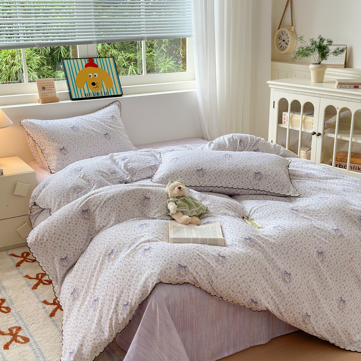 91家纺网 家纺一手货源 找家纺 淑女公社家纺 2025四季款全棉纯棉双层纱小香风四件套 乖乖兔 紫