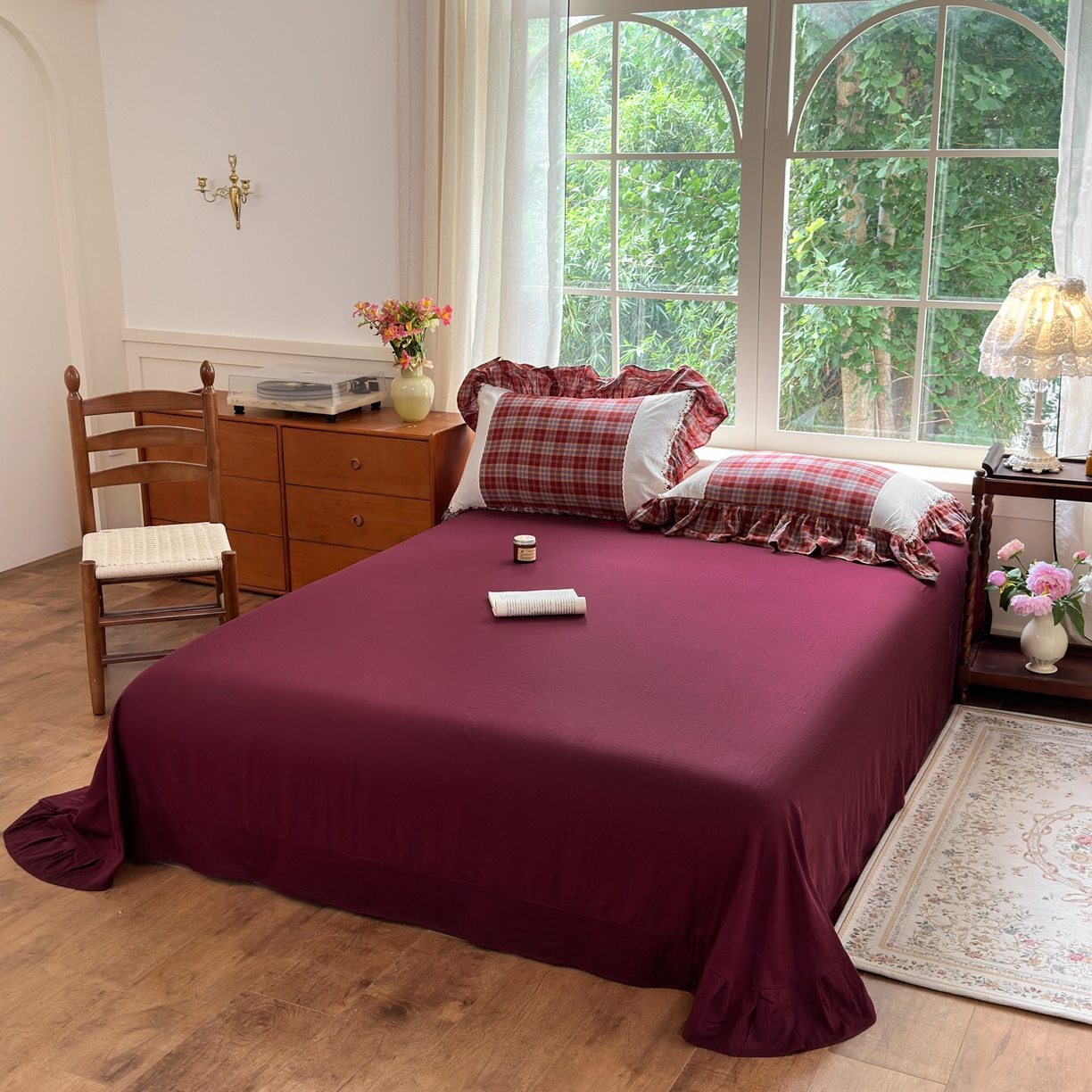 91家纺网 家纺一手货源 找家纺 淑女公社2025春夏新款法式色织双层纱四件套 红格物语