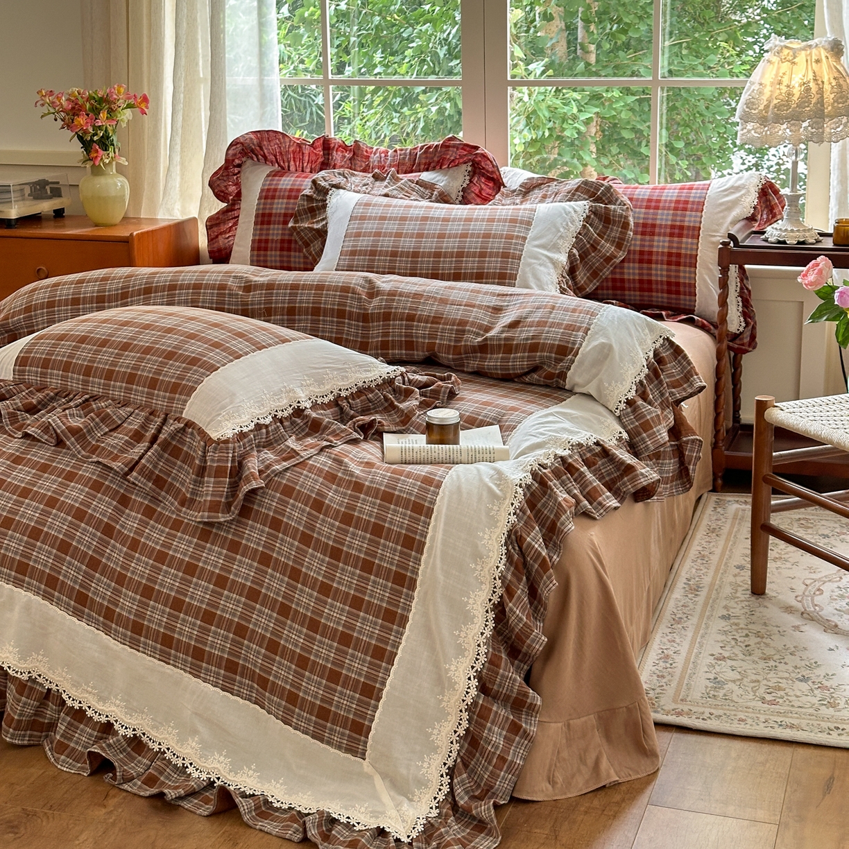 91家纺网 家纺一手货源 找家纺 淑女公社2025春夏新款法式色织双层纱四件套 咖格物语