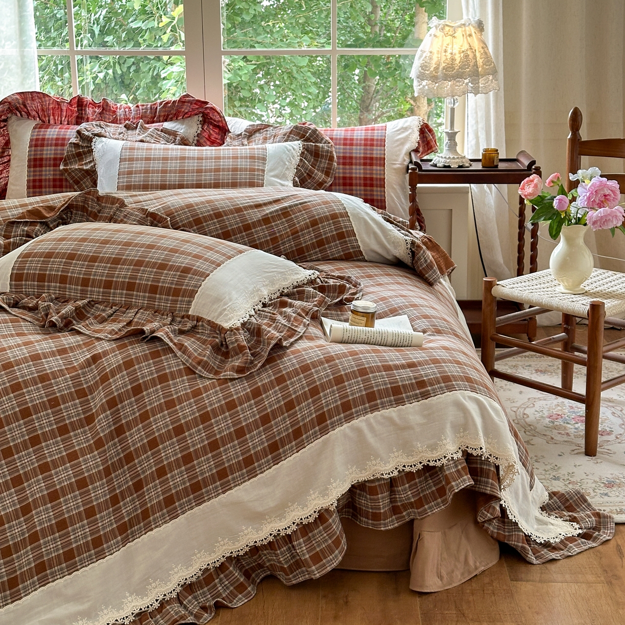 91家纺网 家纺一手货源 找家纺 淑女公社2025春夏新款法式色织双层纱四件套 咖格物语