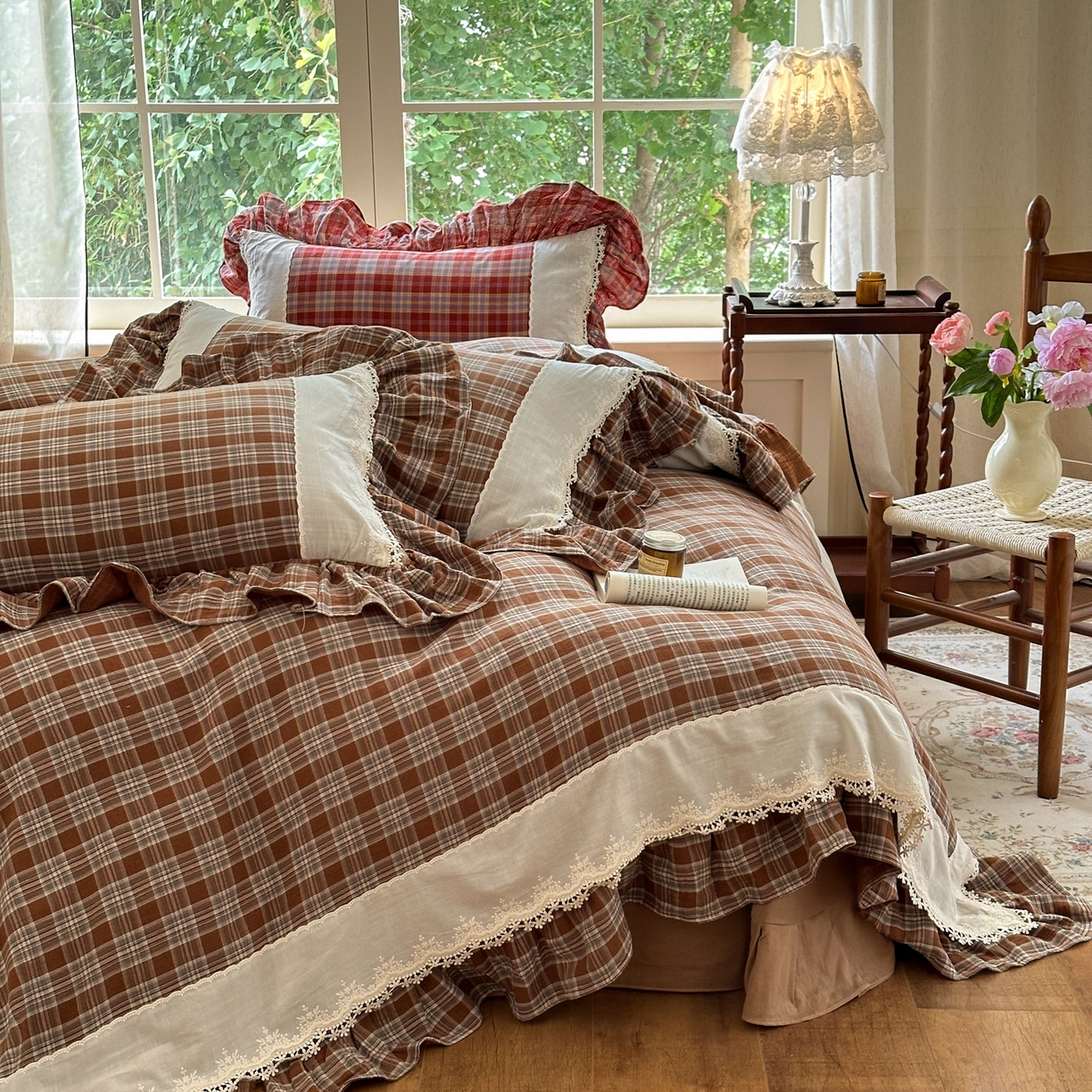 91家纺网 家纺一手货源 找家纺 淑女公社2025春夏新款法式色织双层纱四件套 咖格物语