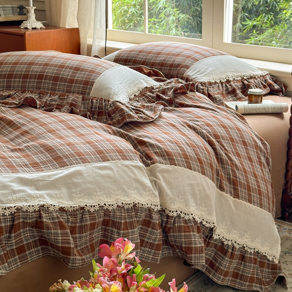 91家纺网 家纺一手货源 找家纺 淑女公社2025春夏新款法式色织双层纱四件套 咖格物语