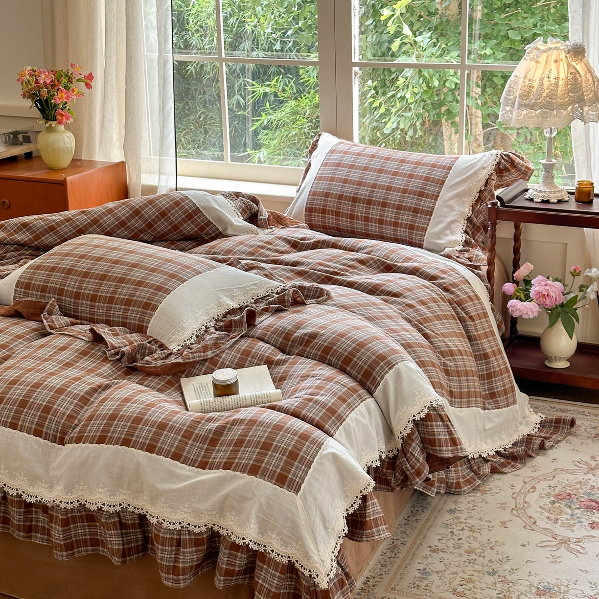 91家纺网 家纺一手货源 找家纺 淑女公社2025春夏新款法式色织双层纱四件套 咖格物语