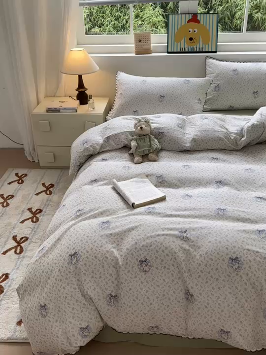 91家纺网 家纺一手货源 找家纺 淑女公社家纺 2025四季款全棉纯棉双层纱小香风四件套 乖乖兔 绿