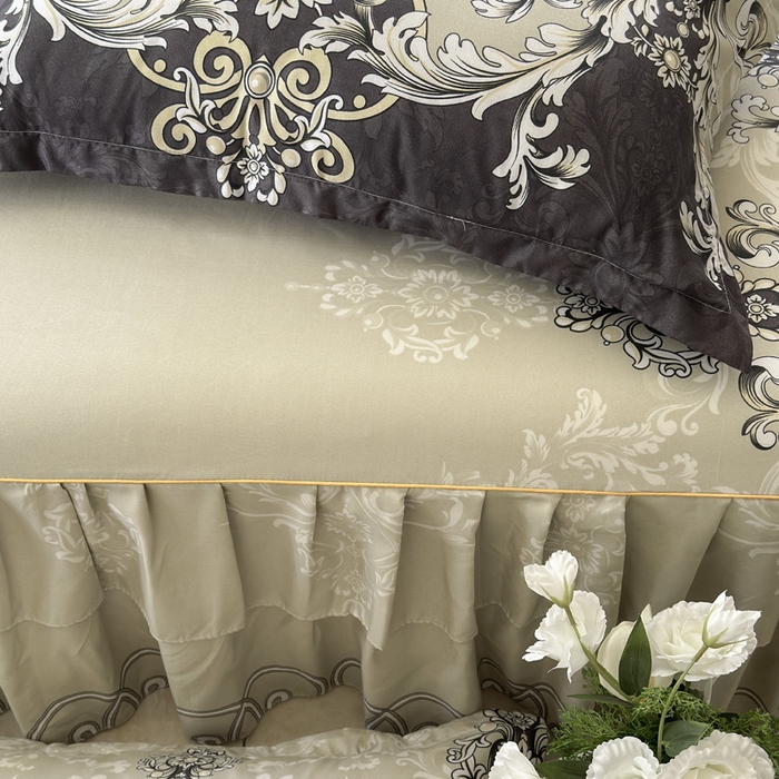 91家纺网 家纺一手货源 找家纺 雨田家纺 2025新款外贸跨境直播亲肤印花床裙三件套 生如花夏灰