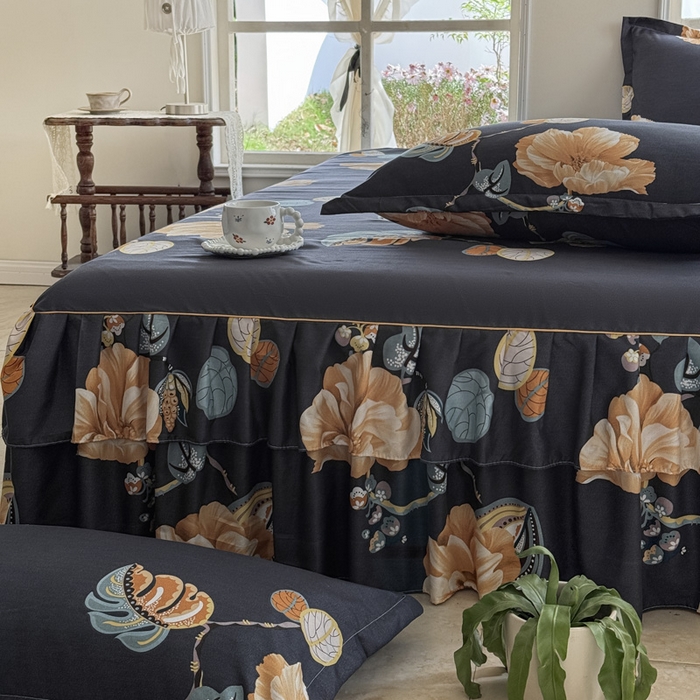 91家纺网 家纺一手货源 找家纺 雨田家纺 2025新款外贸跨境直播亲肤印花床裙三件套 向阳而生