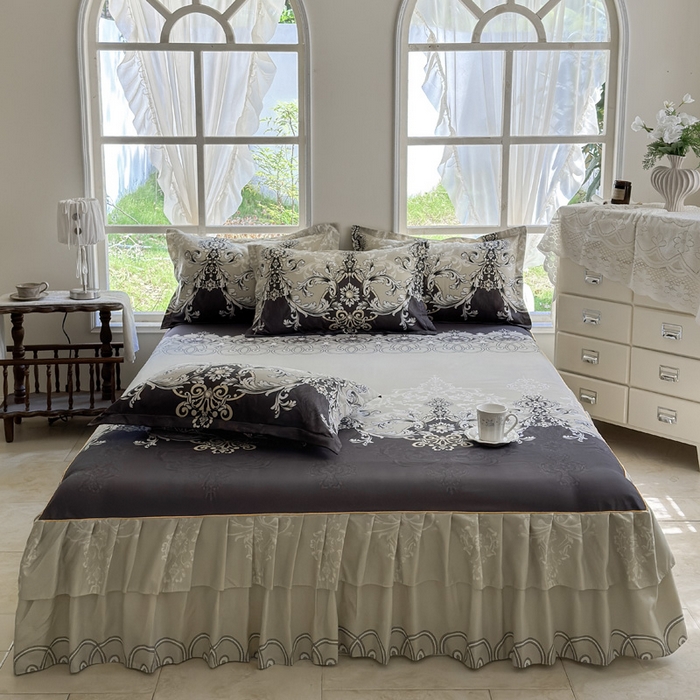 91家纺网 家纺一手货源 找家纺 雨田家纺 2025新款外贸跨境直播亲肤印花床裙三件套 生如花夏灰