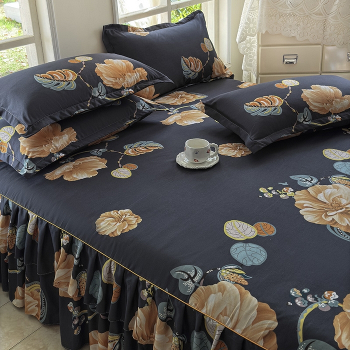 91家纺网 家纺一手货源 找家纺 雨田家纺 2025新款外贸跨境直播亲肤印花床裙三件套 向阳而生