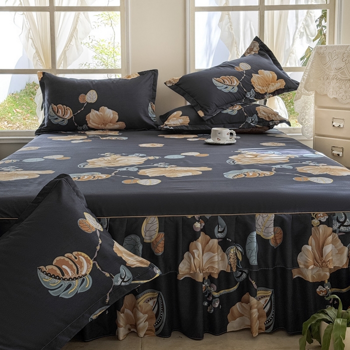 91家纺网 家纺一手货源 找家纺 雨田家纺 2025新款外贸跨境直播亲肤印花床裙三件套 向阳而生