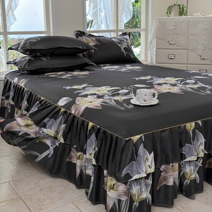 91家纺网 家纺一手货源 找家纺 雨田家纺 2025新款外贸跨境直播亲肤印花床裙三件套 百合花