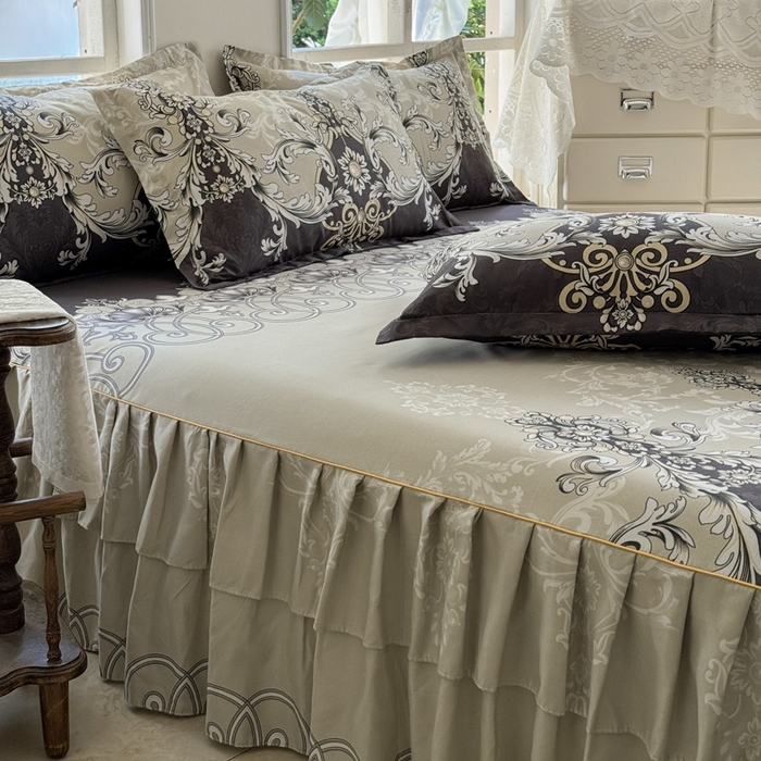 91家纺网 家纺一手货源 找家纺 雨田家纺 2025新款外贸跨境直播亲肤印花床裙三件套 生如花夏灰