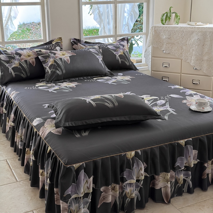 雨田家纺 2025新款外贸跨境直播亲肤印花床裙三件套 百合花