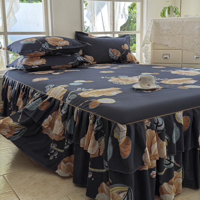 91家纺网 家纺一手货源 找家纺 雨田家纺 2025新款外贸跨境直播亲肤印花床裙三件套 向阳而生